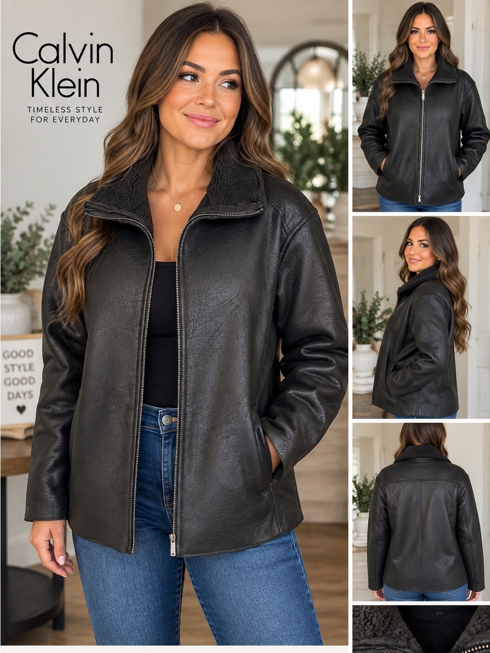 Calvin Klein Dark Brown Shearling-Lined Zip Jacket
